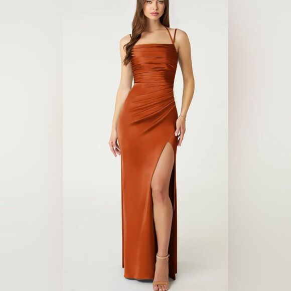 Azazie Dresses & Skirts - AZAZIE Desi Sheath Halter Corset Stretch Satin Dress Orange Size 12 NWT